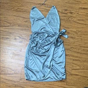 Silver Backless Satin wrap mini dress